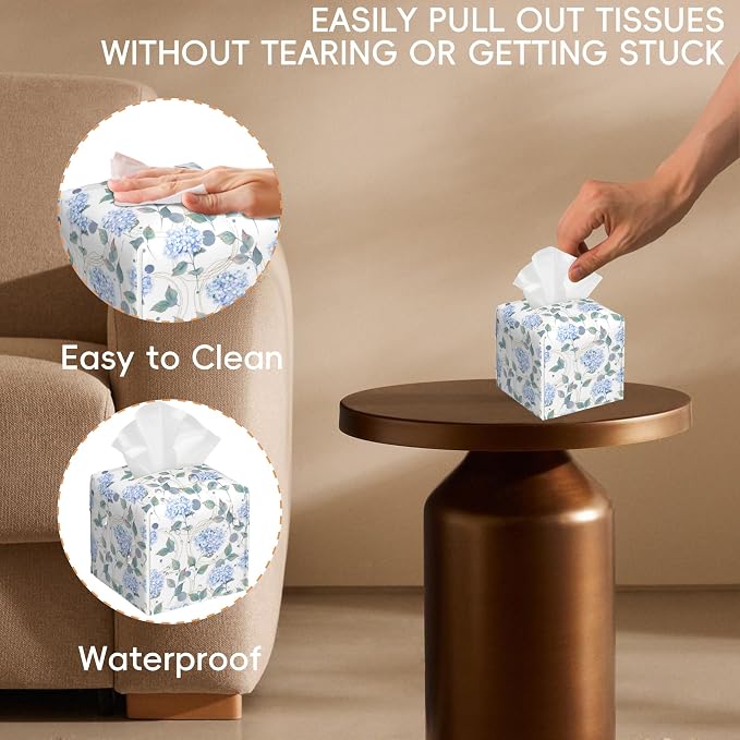 Contemporary Floral Tissue Box Cover Holder Cube Facial Paper Organizer Dispenser, Abstract Hydrangea Flower, Square, PVC Leather, 5.2"L x 5.2"W x 5.2"H
