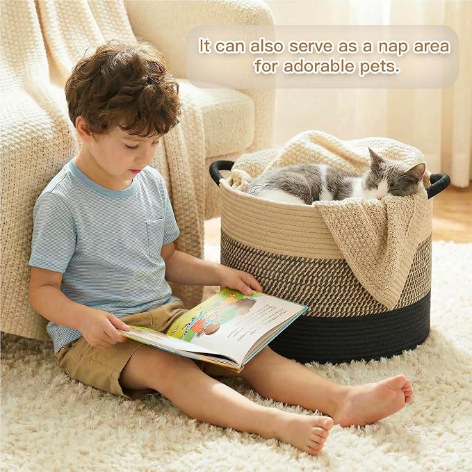 Artfeel 100L Large Cotton Rope Basket, Decorative Woven Blanket Storage for Living Room, Boho Toy Storage & Toy Box for Kids, Versatile Laundry Basket & Nursery Hamper for Blankets(BlackBrown)