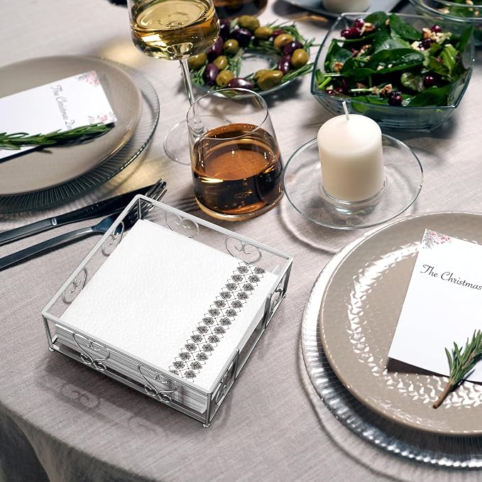 Flat Napkin Holder for Table, Silver Metal Weighted Paper Caddy | Lunch Napkins, Dinner Napkins & Everyday Use