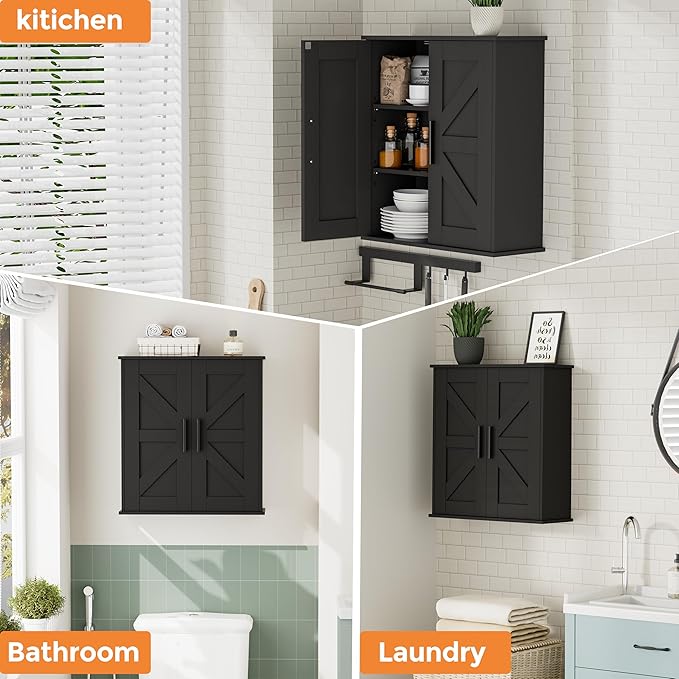 Homleke Bathroom Wall Cabinet, Medicine Cabinet with Adjustable Shelves | 3-Tier Wall Mounted Over Toilet Storage with Barn Doors, for Bathroom, Kitchen, Entryway, Laundry Room, Black, (7.9" D)