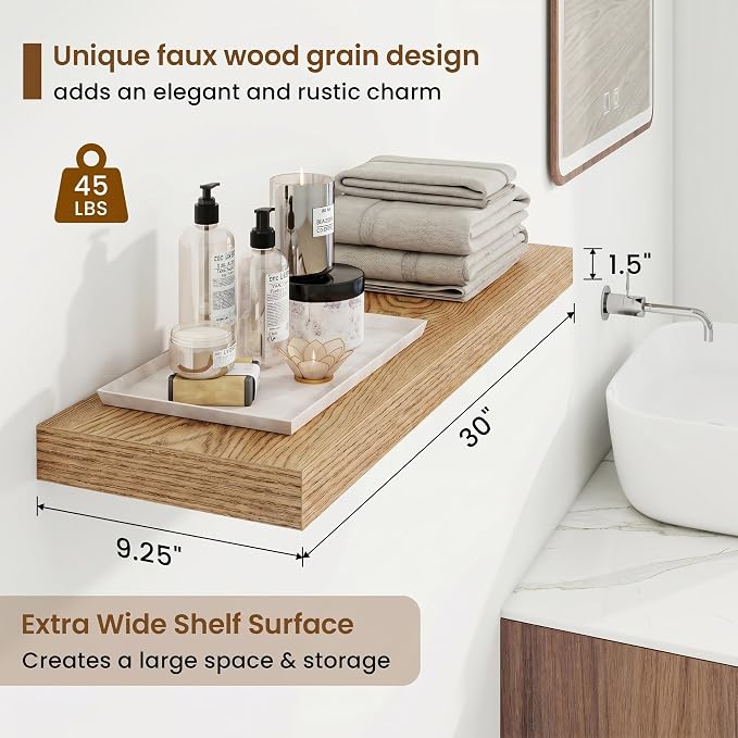 9.25in Depth 30in Floating Shelves, 30x9.25x1.4,Light Brown, Set of 2 | Wall Mounted Engineered Wood Shelves, Invisible Brackets for Living Room, Bedroom, Bathroom, Kitchen Decor and Storage