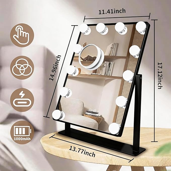 Makeup Vanity Mirror with Lights,10X, Black 17.12"x13.77" | Vanity Mirror with Detachable 10X Magnification Mirror, Rechargeable, 3 Color Lights,Touch Control, 360‑Degree Swivel