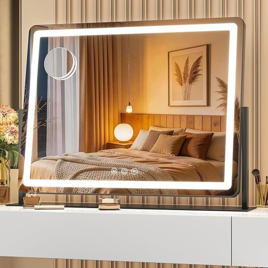 Hasipu Vanity Mirror with Lights, 24.2" x 20" LED Make up Mirror, Light up Mirror with 10X Magnification, Smart Touch 3 Colors Dimmable, Brightness Adjustment, 360° Rotation (Black)