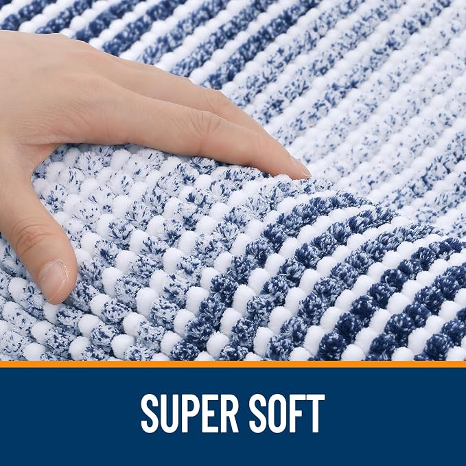 OLANLY Bathroom Runner Rugs 44x24, Soft Chenille Striped Bath Rugs, Navy | Extra Absorbent, Rubber Backing, Machine Wash Dry, Bath Mats for Bathroom Floor, Tub and Shower, Home Decor Accessories