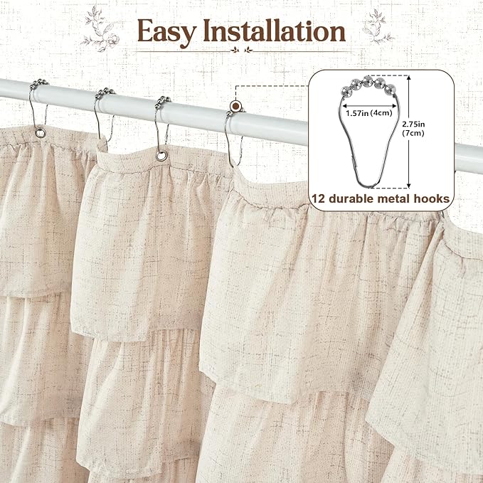 Farmhouse Shower Curtains for Bathroom, Ruffle Shower Curtain, 72"Wx72"L | Ruffle Design, Vintage Rustic Boho, Washable Waterproof Shower Curtain for Bathroom Bathtub, 12 Metal Hooks