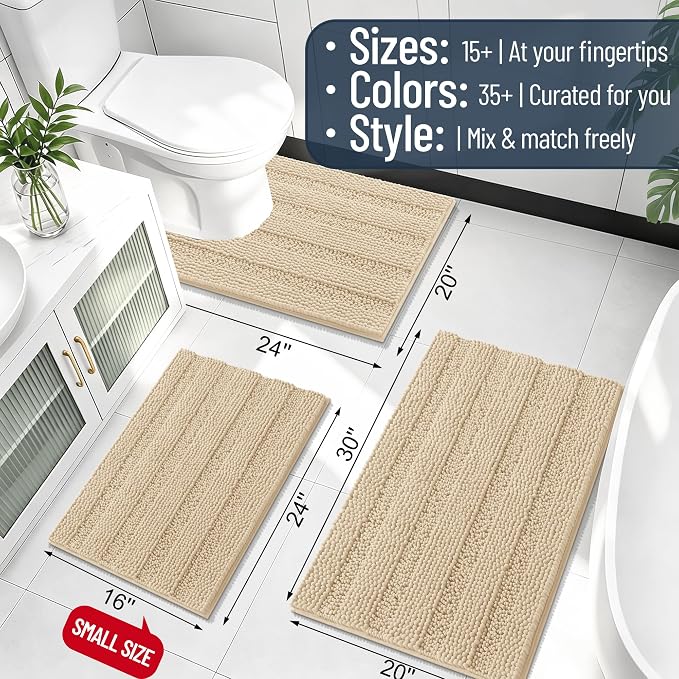 Smiry Thick Chenille Large Bathroom Runner Rugs 45x27, Soft Bath Mat, Beige | Quick‑Dry & Machine Washable, Non‑Slip Bath Carpet, Striped Bath Rugs for Tub & Shower, Modern Home Decor Accessories