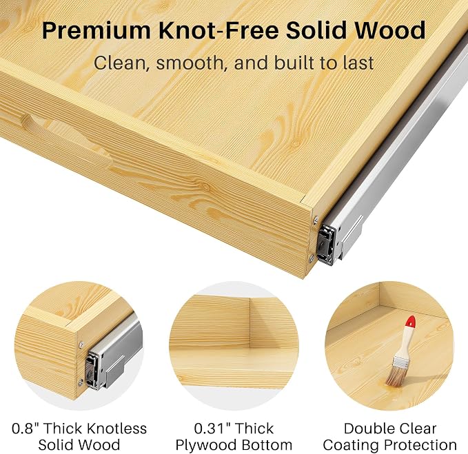 Pull Out Cabinet Organizer, Soft Close Wooden Slide Out Drawers for Pots and Pans, Full-extension Roll Out Shelves for Kitchen Cabinets, Pantry Organization, Bottom & Side Mount(21"W X 21"D x 3.4''H)