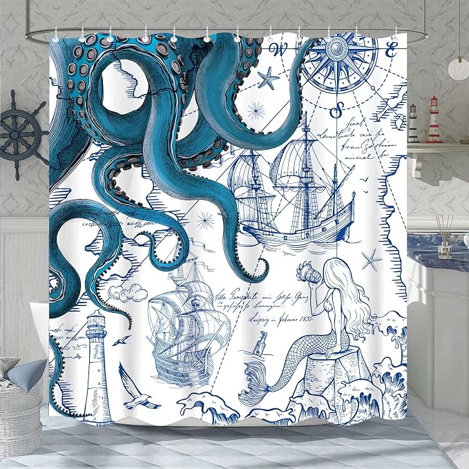 Fungarth Long Blue Nautical Octopus Shower Curtain Navy Mermaid Funny Ocean Kraken Shower Curtains for Bathroom Cool Anchor Coastal Map Waterproof Fabric Bath Curtain with Hooks (Blue, 72” x 78”)