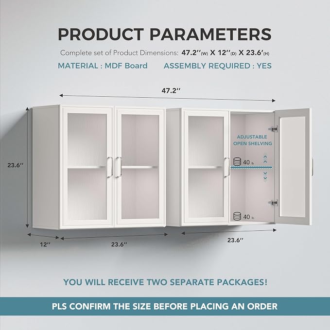 Medicine Wall Cabinet with Acrylic Glass Doors, Kitchen Wall Cabinets with Adjustable Shelf, 24” Laundry Room Wall Mounted Cabinet Set of 2, Bathroom Wall Cabinet with Light(White)