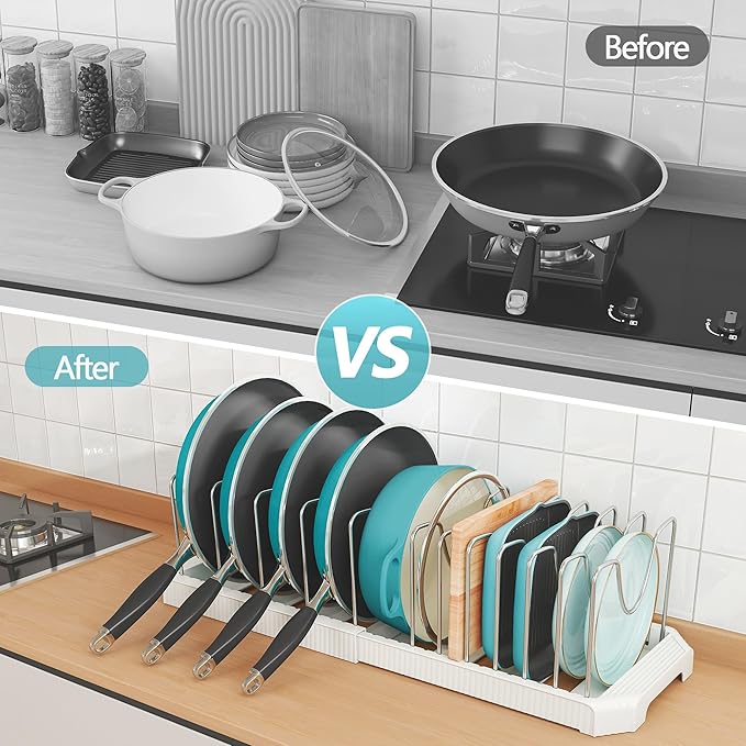 Expandable Pan Organizers Inside Cabinet with 12 Dividers White | Extends 12.9-21.9", Holds cookie sheets, cutting boards, pot lids and pans, iron dividers, plastic base, under cabinet rack