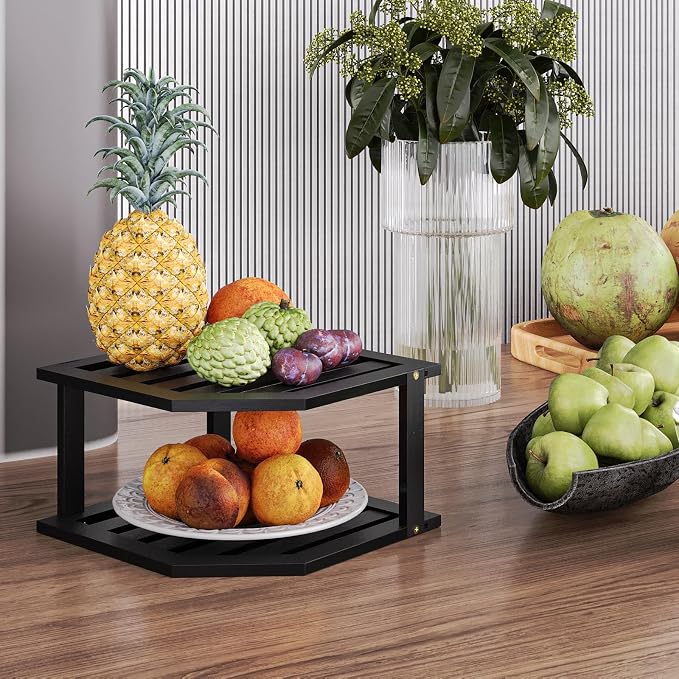 VERTORGAN 2 Tier Bamboo Plate Organizer,Corner Shelf for Kitchen(Black) | Pantry Storage,Dish Rack,Spice Rack,Corner Organizer,Kitchen Counter Shelves,Kitchen Storage,Holds Plates