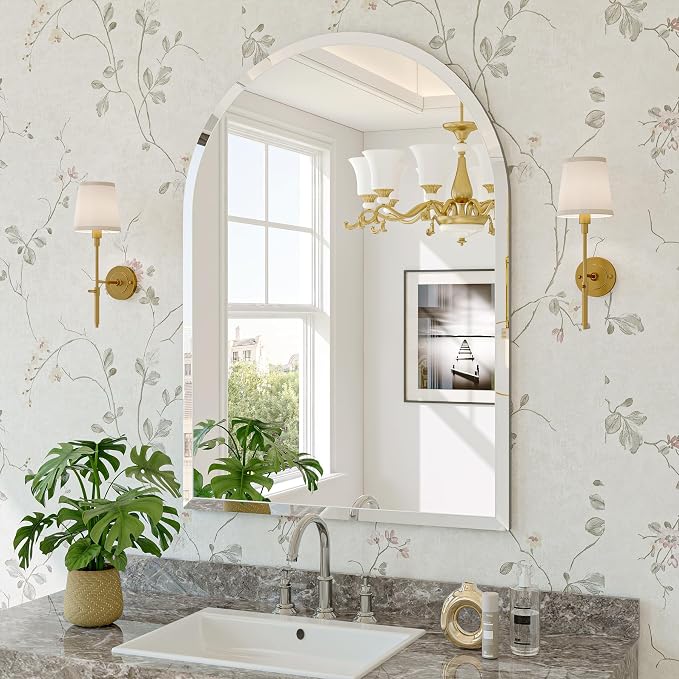 Frameless Bathroom Mirror, 22"x30" Beveled Arched Vanity Mirrors | Frameless, 15mm beveled edge, 5mm HD glass, shatterproof, anti-rust, french cleat, for bathroom/bedroom/entryway