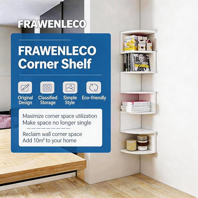 7-Tier Corner Shelf Wall Mount, Screw-Mounted Floating Bookshelf with Enhanced Support, Space-Saving Zigzag Shelf for Bedroom, Living Room, Office, Garage – (White)