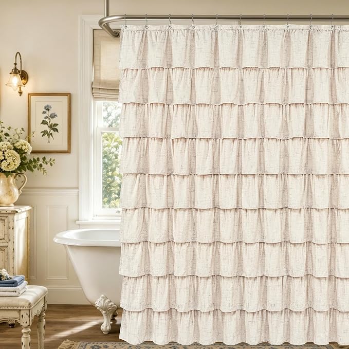 Extra Long Farmhouse Shower Curtains for Bathroom with Ruffle, 72"Wx84"L | Ruffle Design, Vintage Rustic Boho, Washable Waterproof Shower Curtain for Bathroom Bathtub, 12 Metal Hooks