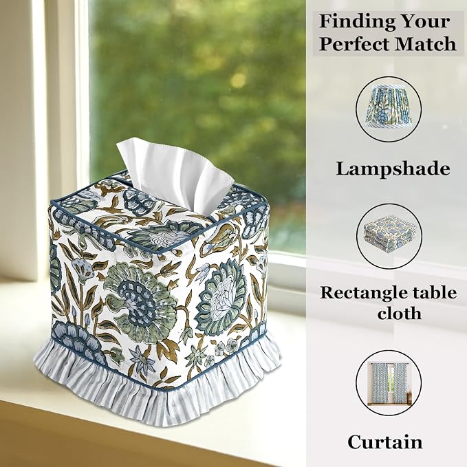 Asparagus Green Block Print Ruffle Tissue Box Cover Handmade Cotton Decorative Square Napkin Holder for Home Bedroom Living Room Bathroom Vanity Countertop Car Office Kitchen