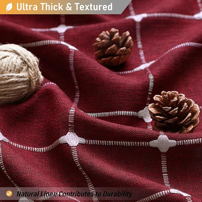 72x78 Boho Farmhouse Linen Heavy Duty Fabric Shower Curtain, Burgundy | Long Size, 330GSM Linen Blend, 3-side Tassels, Water Repellent Cloth, 12 Plastic Hooks, Rustic Bohemian, Machine Washable