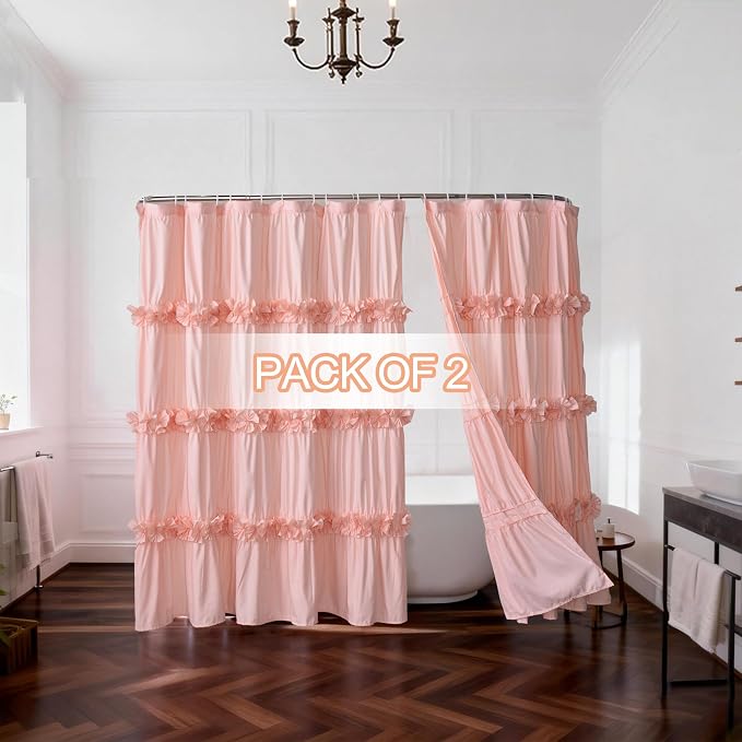 2-Piece Peach Shower Curtain, 72" W x 72" H x 2 Panels | Soft Fabric Double Panels for Easy Access, Cozy Brushed Texture, Ruffle Design, Everyday Bathroom Décor (LQ-44)