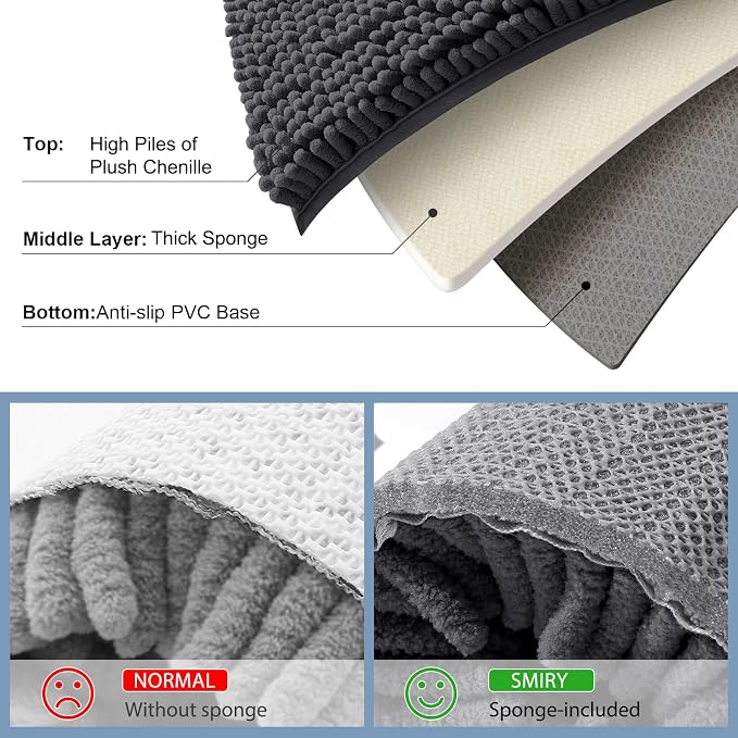 Smiry Bathroom Rugs 34X21, Luxury Chenille Extra Soft Absorbent Bath Mat | Charcoal Grey, Machine Washable Non-Slip Plush Bath Mats for Bathroom, Tub, Shower, and Floor, Home Decor