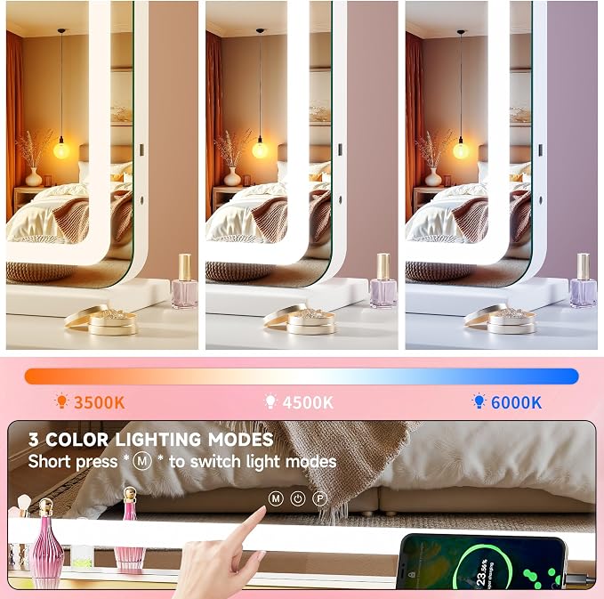 Vanity Mirror with Lights, 28" x 20" LED Makeup Mirror with 10X Magnification, Dimmable 3 Modes, Memory Function, Smart Touch, USB Charging Port, Lighted Makeup Mirror Round White