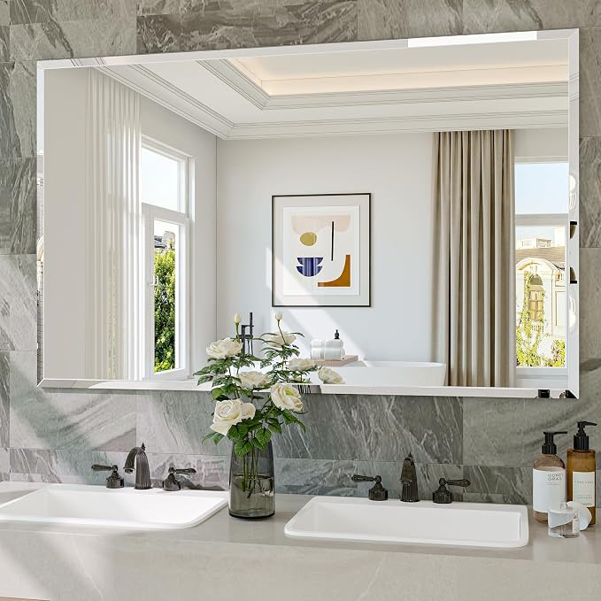 Frameless Bathroom Mirror, 48" x 30" Beveled Wall Mirror | 5mm HD glass, 20mm beveled edge, frameless, anti-rust, shatterproof, french cleat, horizontally or vertically