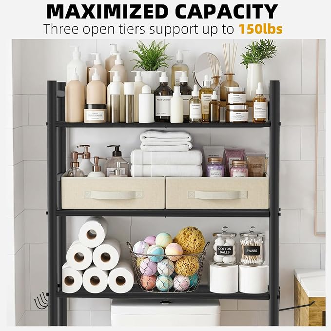 GloTika 3-Tier Over Toilet Storage, Anti-Tilt, 64" H, Black, 2 Baskets | Anti-Tilt Safety System, 150lb Capacity, Carbon Steel, Freestanding, No Drilling, Anti-Rust Coating, Paper Holder & 4 Hooks