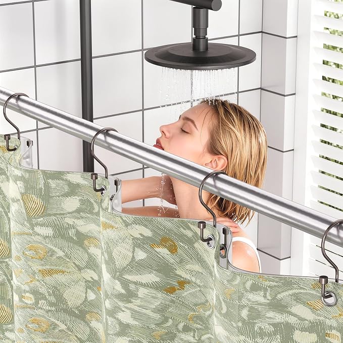 Bathway 12-Pack Double Shower Curtain Hooks, Rust-Resistant Metal Shower Curtain Rings with High-Low Design to Separate Liner & Curtain, Smooth Glide, Bronze