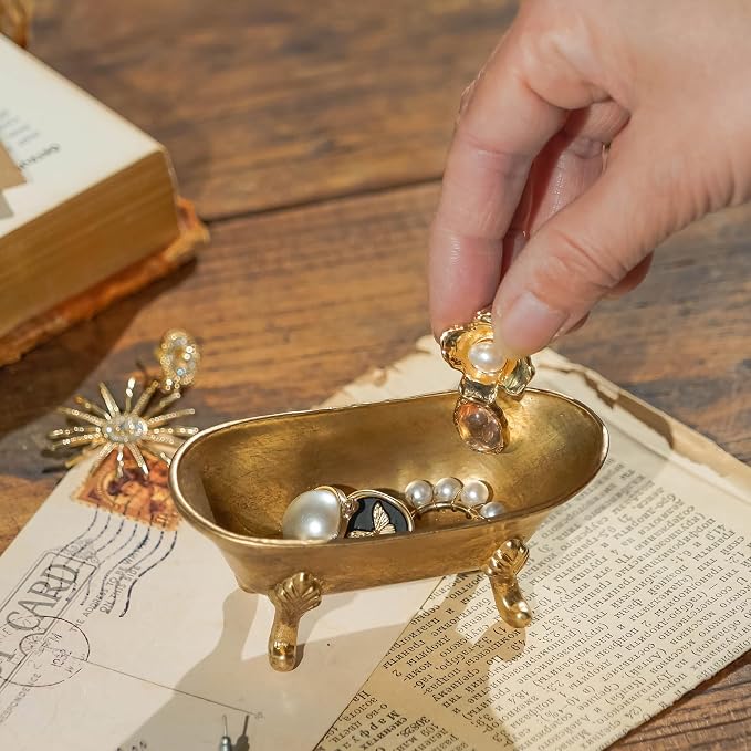 NIKKY HOME Gold Bathtub Ring Holder Jewelry Tray, Vintage Trinket Dish | Small Classic Metal Decorative Tray for Women, Elegant Storage Organizer for Vanity & Bathroom, Wedding & Engagement Gift