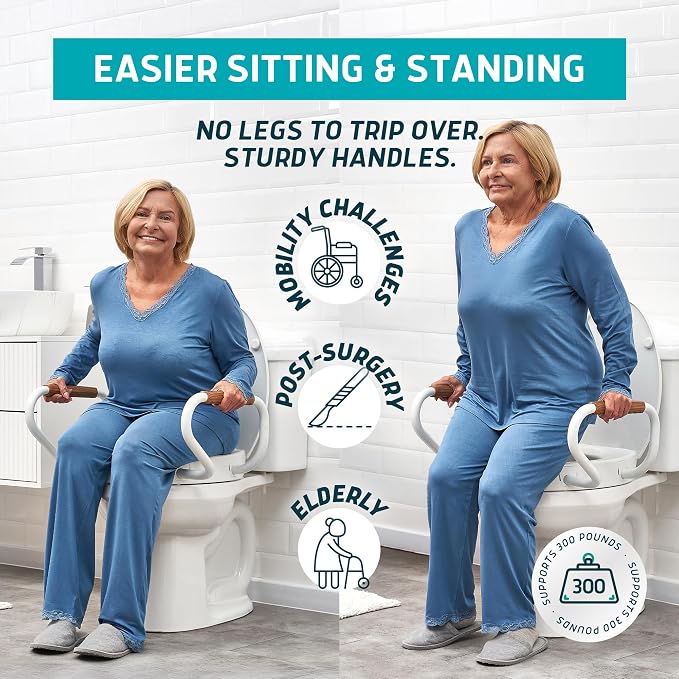 Lunderg Solva Raised Toilet Seat with Handles - Round - Adds 3 Inches | Easy to Install Toilet Seat Risers for Seniors - Elegant White Design & Works like the one you always use - No Hospital Vibe