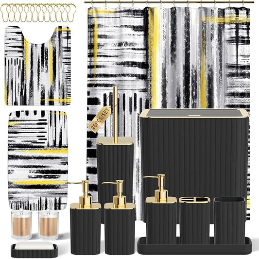 Bathroom Set - Bathroom Accessory Set, Black Bathroom Set, 26PC Bathroom Sets with Shower Curtain and Rugs, Toilet Brush, Trash Can, Qtip Holder & Bathroom Soap Dispenser Set