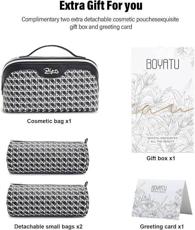 BOYATU Travel Makeup Bag Cosmetic Bags for Women: 3 Pcs Set Make up Bag | Large Capacity Waterproof Vegan Leather Organizer Bags with Compartments - Lay flat Toiletry with Handle (M-76Black)