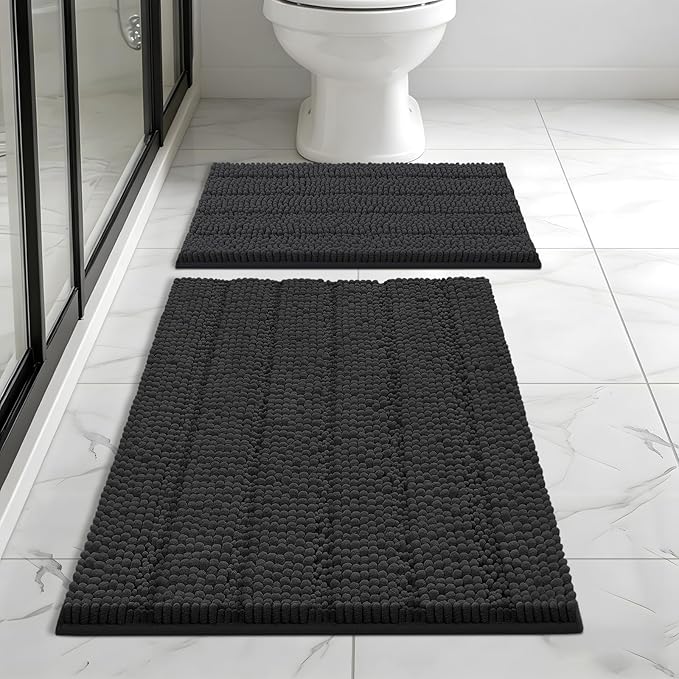 Bcoimo Bath Rug Mat Set, 2 Piece High Absorbent Chenille Bathroom Mat Black | Non Slip with Rubber Backing Bathroom Rugs set; Machine Washable;Extra Soft Bath Rug;High Absorbent、Quick Dry Microfiber mat