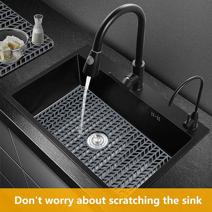 Sink Protectors for Kitchen Sink 29.7"x15.5" Center Drain Sink Mat | Protector for sinks and dish,Food-grade silicone,Non-slip and raised feet,Withstand to 500F,Dishwasher Washing