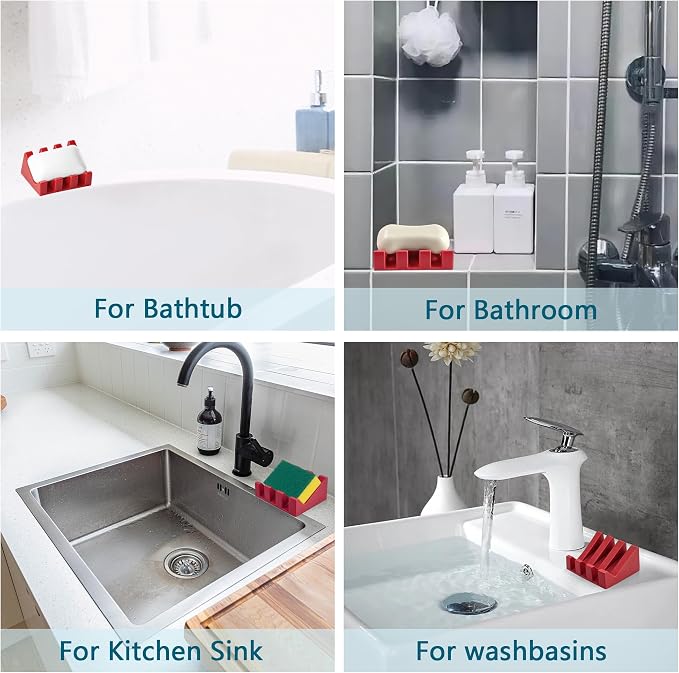 Soap Dish Holder for Shower with Suction Cup, Silicone Soap Holder & Saver Self-Draining Bar Soap Dish Keeps Soap Dry for Bathroom, Kitchen, Bathtub (Red,1-Pack)
