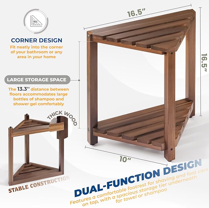 Bluewest 16.5 Inch Walnut Corner Shower Stool for Shaving Legs with Shelf | Acacia Wood Waterproof Shower Foot Rest and Wooden Corner Bench for Shaving Legs and Seating Inside Small Shower Spaces.