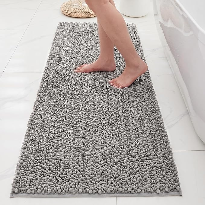 Bathroom Rugs Non Slip Washable 70x24, Extra Thick Soft Chenille Absorbent Bath Mat, High Density Barrier Non Slip Backing, Quick Dry Plush Shaggy Floor Carpet for Tub&Shower, Grey