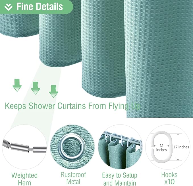 Stall Waffle Shower Curtain 256 GSM Heavy 54"x78" Teal/Turquoise | 54 x 78 Inch Long, Thick Polyester Cloth, Weighted Hem, Water Repellent, Washable, Hotel Bathroom Shower Curtain Set 10 Hooks