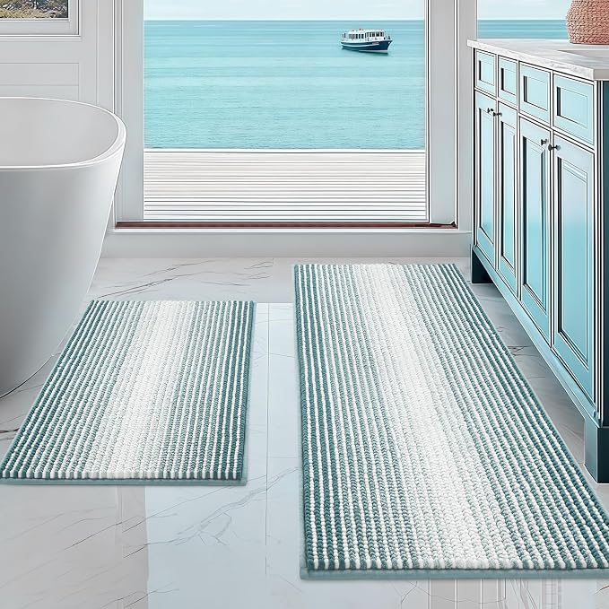 Bathroom Rugs and Mats Sets, 2 Piece Thick Absorbent Chenille Non Slip, Soft Shaggy Floor Mats, Machine Washable (Sea Green, 20" x 47" Plus 16" x 24")