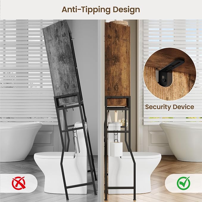 Over The Toilet Storage Cabinet with Metal Stand, Rustic Brown | Toilet Paper Holder, 3 Extra Hooks, Anti-Tipping Device, With Adjustable Shelves, for Bathroom, Restroom, Laundry