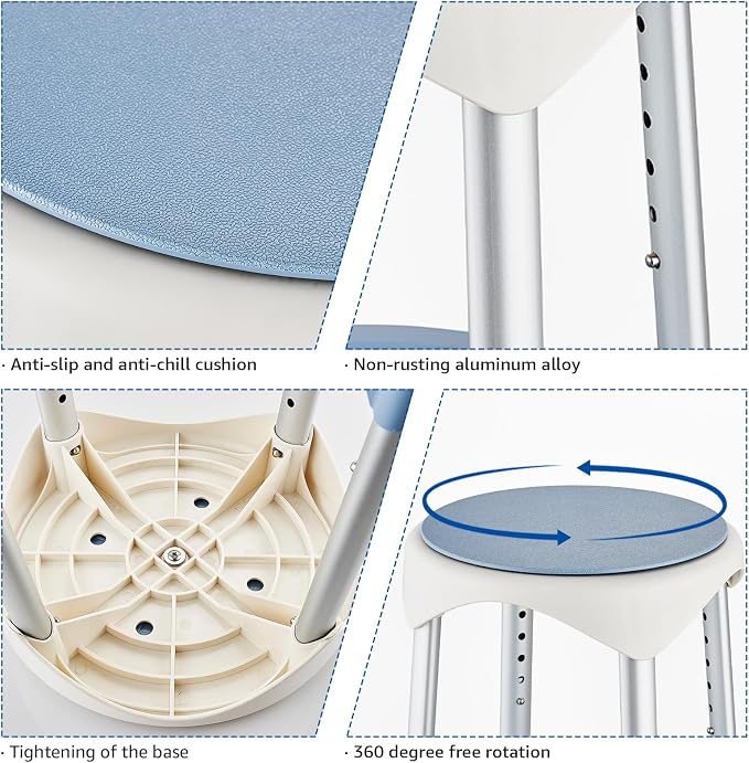 Shower Stool Chair for Inside Shower,360° Swivel,Blue,300LBS | 6-Level Adjustable Height Bath Chair with Shelf,Shower Seat Stool for Bathroom,Upgrade Small Corner Stool for Seniors