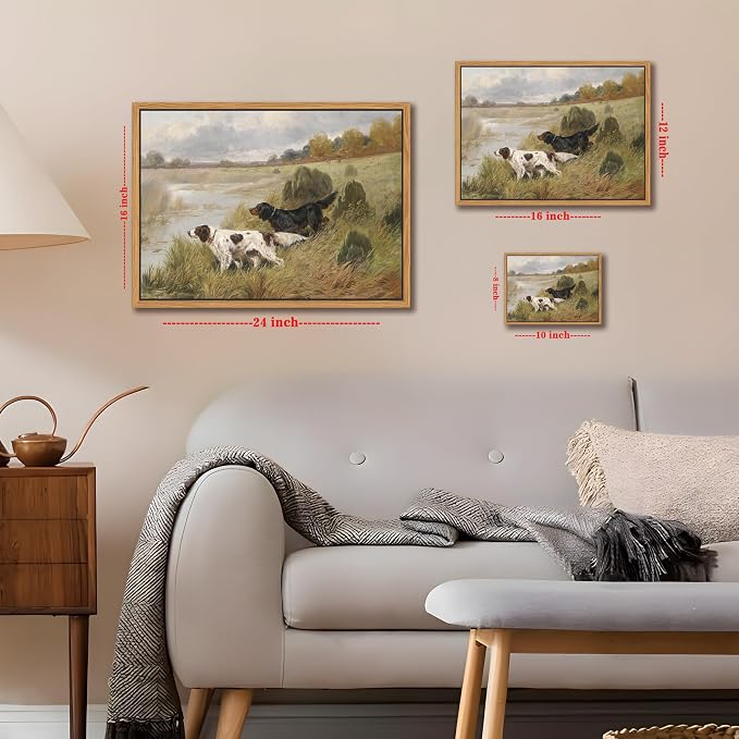 Floating Framed Vintage Hunting Dog Wall Art, Classic Countryside Landscape Canvas Print, English Setter and Gordon Setter Painting, Rustic Farmhouse Wall Decor for Living Room Study Office 16x24 inch