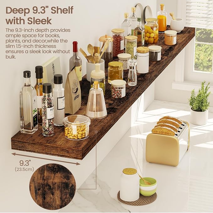 Vivelove Floating Shelves 9 inch Deep 55”Long Set of 2, Rustic Brown | Easy Install With Hardware, 1.5" Thick, Invisible Brackets, Wall Mounted, No Sagging, For Any Room