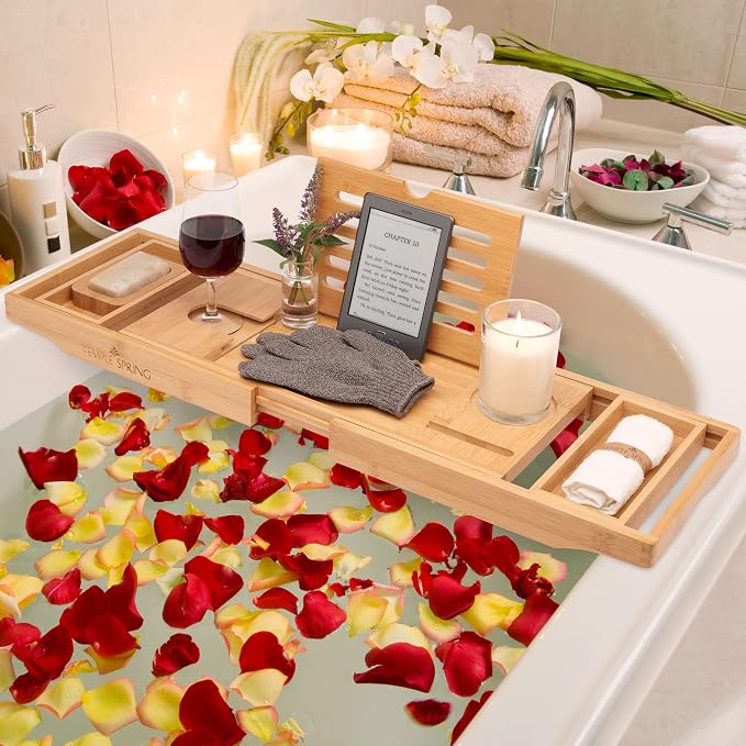Bamboo Bathtub Tray Caddy for Tub — Expandable Wood Bath Tray with Solid Book Stand Wine Holder and Non-Slip Pads — Includes Bamboo Soap Dish and Spa Accessories — Luxury Bath Gift Set