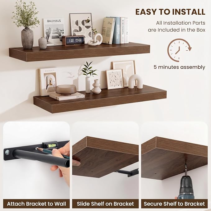 Fun Memories 55 Inch Floating Shelves for Wall - 12 Inch Deep Fireplace Mantel Shelf - Wood Floating Shelf for Wall - Large Storage Shelves Wall Mount for Living Room & Bedroom - Walnut - Set of 2