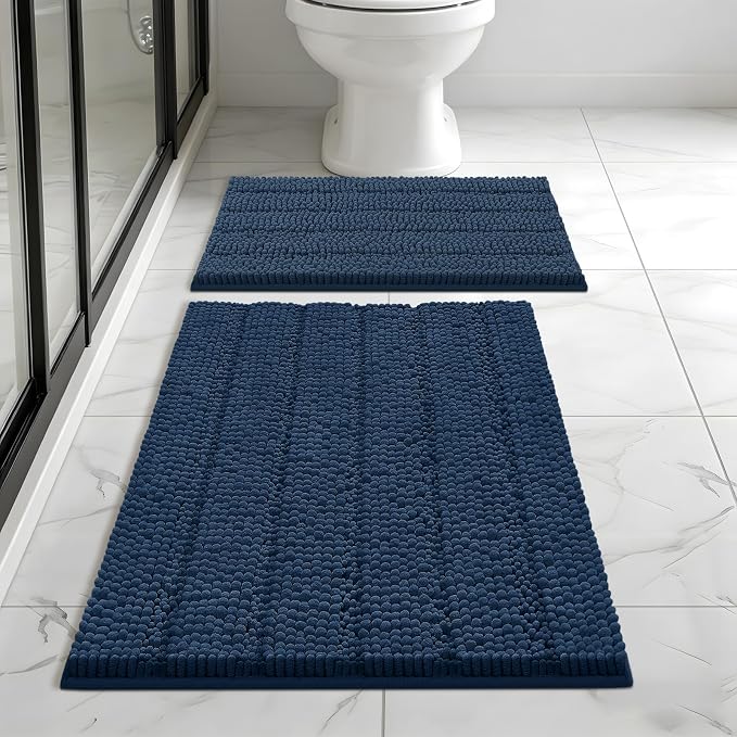 Bcoimo Bath Rug Mat Sets, 2 Piece High Absorbent Chenille Bathroom Mat Navy | Non Slip with Rubber Backing Bathroom Rugs set; Machine Washable;Extra Soft Bath Rug;High Absorbent、Quick Dry Microfiber mat