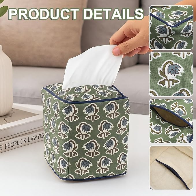Green Fabric Tissue Box Cover - Floral Print Tissue Box & Decorative Square Napkin Holder Handmade Cotton for Home Bedroom Vanity Countertop Night Stands Office