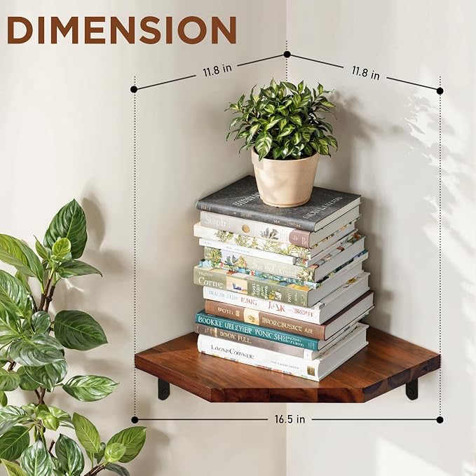 Demigo Corner Shelf Wall Mount, 2-Pack Acacia Wood Floating Corner Shelves | 11.8 x 16.5 in Wall Mounted Triangle Shelves for Bedroom, Living Room, Bathroom & Kitchen, Durable Storage Display Decor