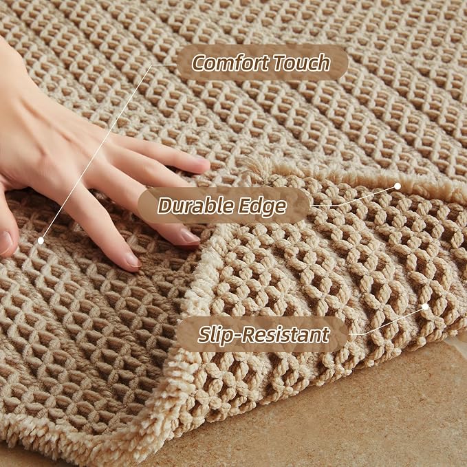 Sunfly Waffle Bath Mat, Boho Bath Rugs for Bathroom Floor Super Absorbent & Quick Dry, Non-Slip Washable Bath Mat with Tassels, Ultra Soft Farmhouse Bathroom Decor 16"*24" Beige