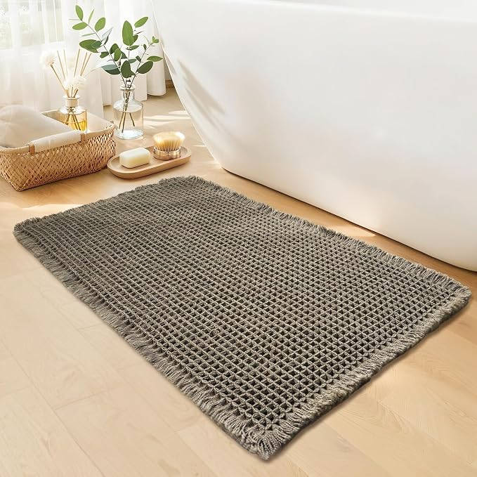 Waffle Bath Mat, Boho Bathroom Rugs Non Slip Washable, 24" x 36" | Super Absorbent Quick Dry Bath Mat, Boho Bathroom Mats, Soft Waffle Weave Farmhouse Bathroom Decor, Olive Green