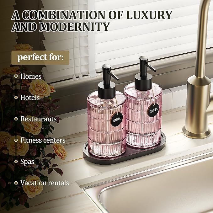 MASADI Soap Dispenser Set with Bamboo Tray, Dish and Hand Soap Lotion Dispenser Set with Wooden Pump for Kitchen and Bathroom Decor for Counter, Modern Vintage Liquid Soap Dispensers (Pink&Black)