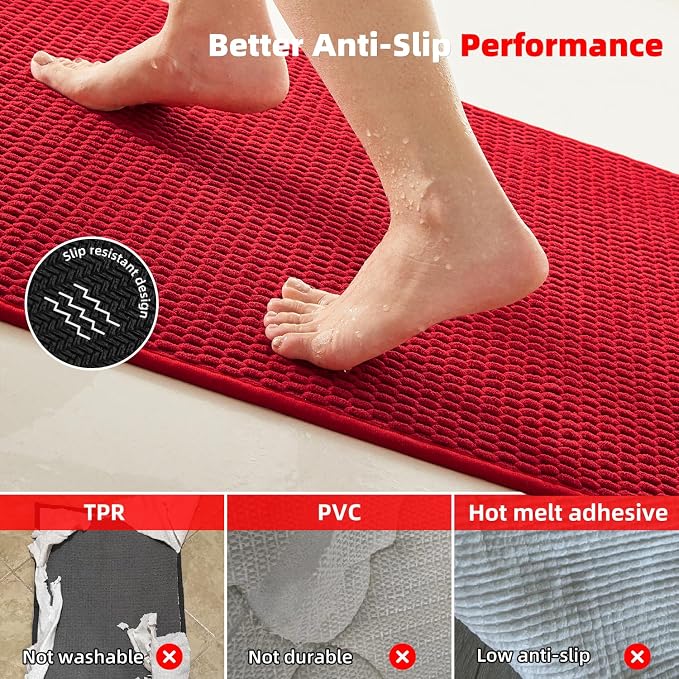 TYUU Christmas Bathroom Rugs Non Slip Washable, Super Absorbent Thin Bath Mat Quick Dry Low Pile Bathroom Rug, Red 20"x48"